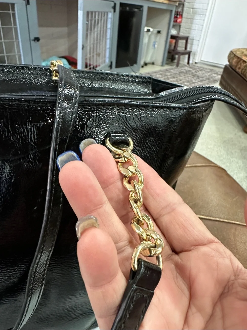 Michael Kors Black Patent Tote with Gold Chain Charm